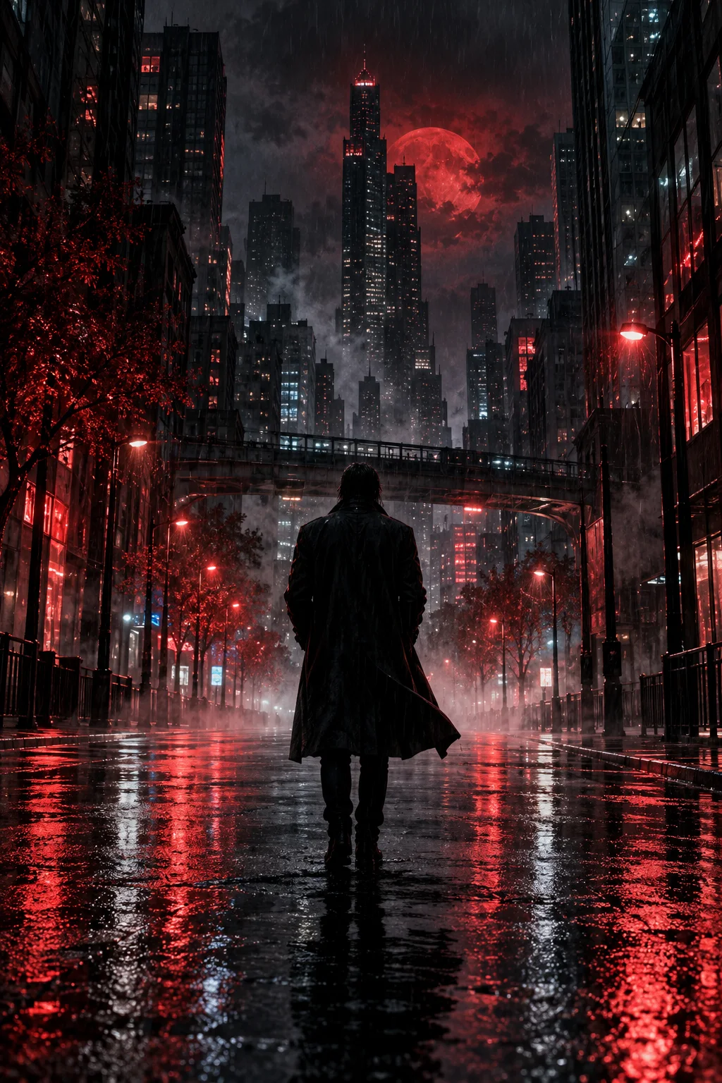 Original cinematic artwork of a figure in a rain-lit city
