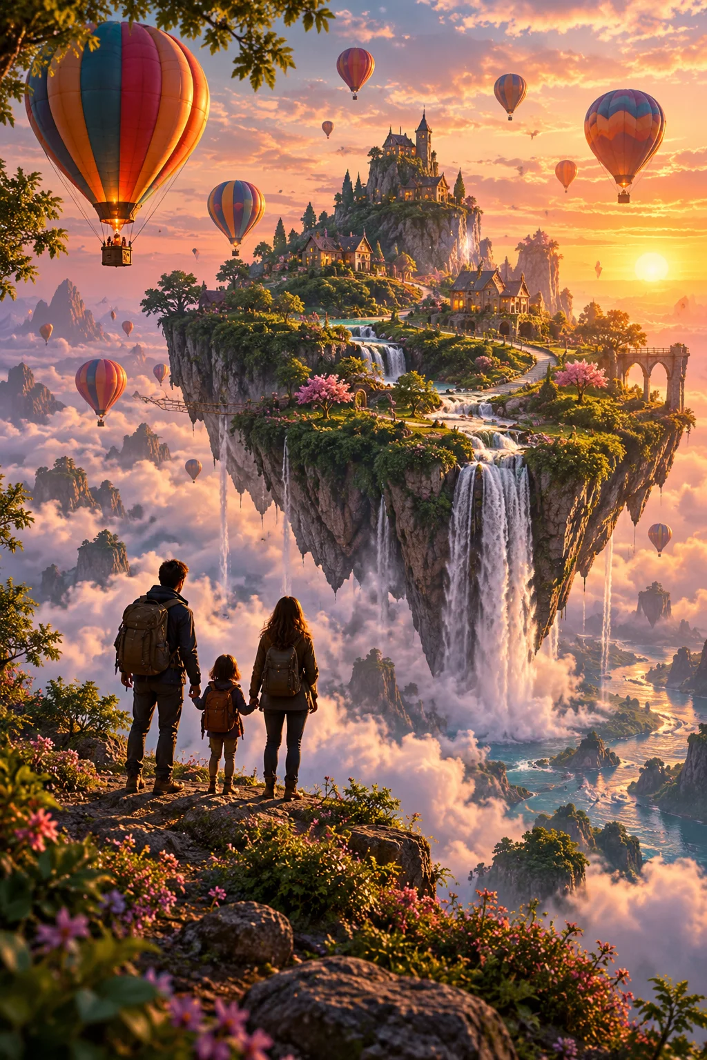 Original colorful artwork of a floating island adventure