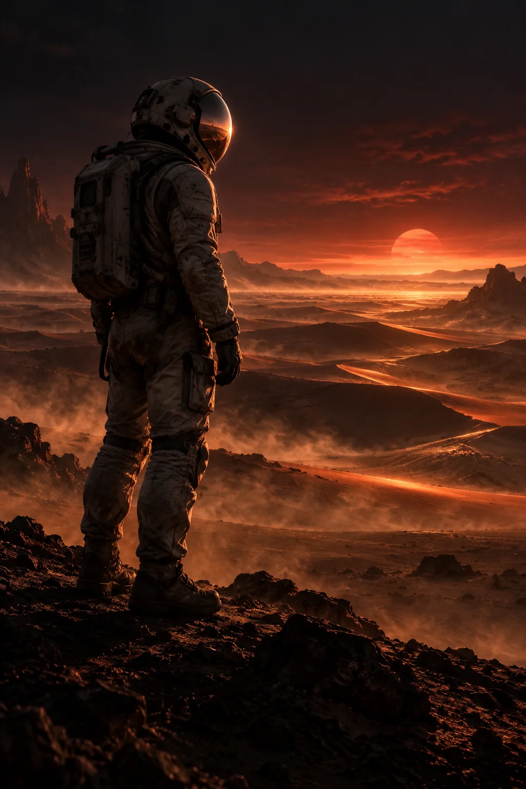 Original cinematic artwork of an astronaut on a luminous desert horizon