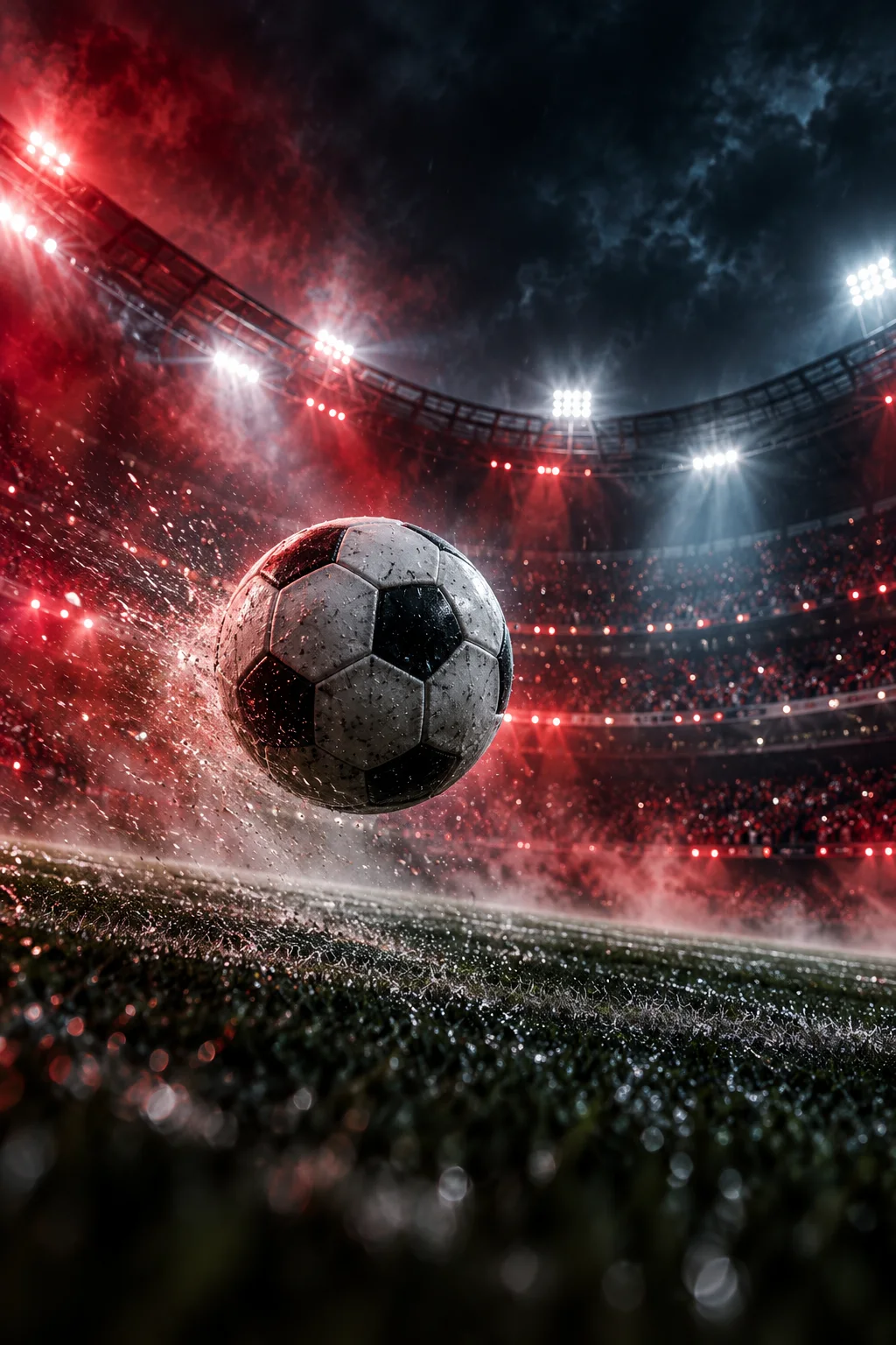 Original dramatic artwork of a stadium and ball under floodlights